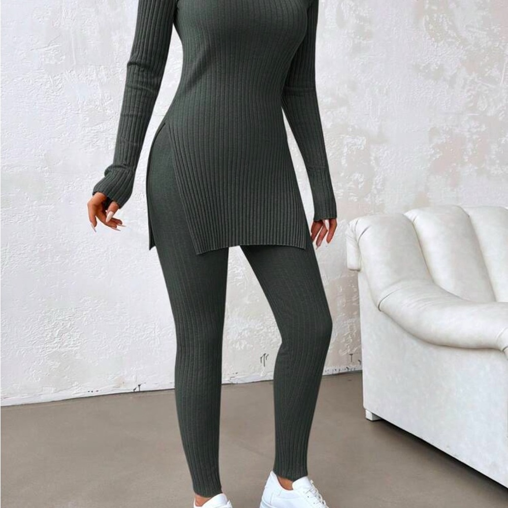 SHEIN Olive Ribbed Knit Two-Piece Set